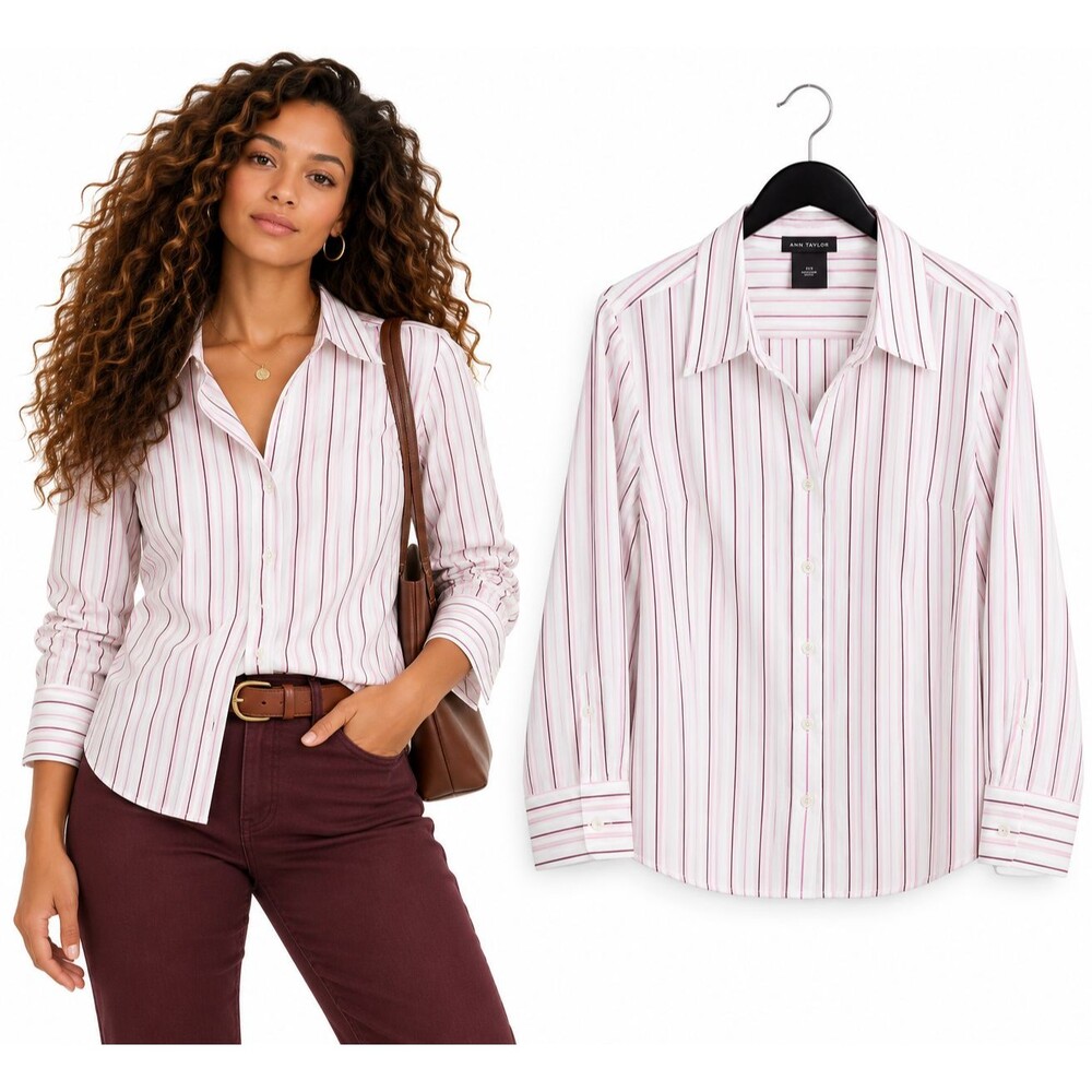 Ann Taylor Button Down Shirt Top 14 Long Sleeve Pink Wine Textured Stripe